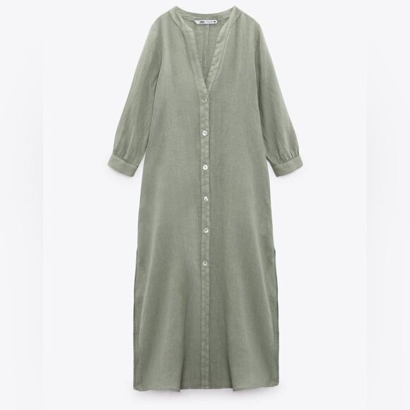 Zara 100% Linen Dress Pockets Khaki - Picture 8 of 11